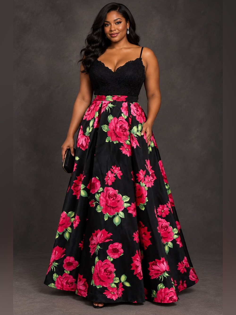 Black Lace & Pink Floral Evening Gown